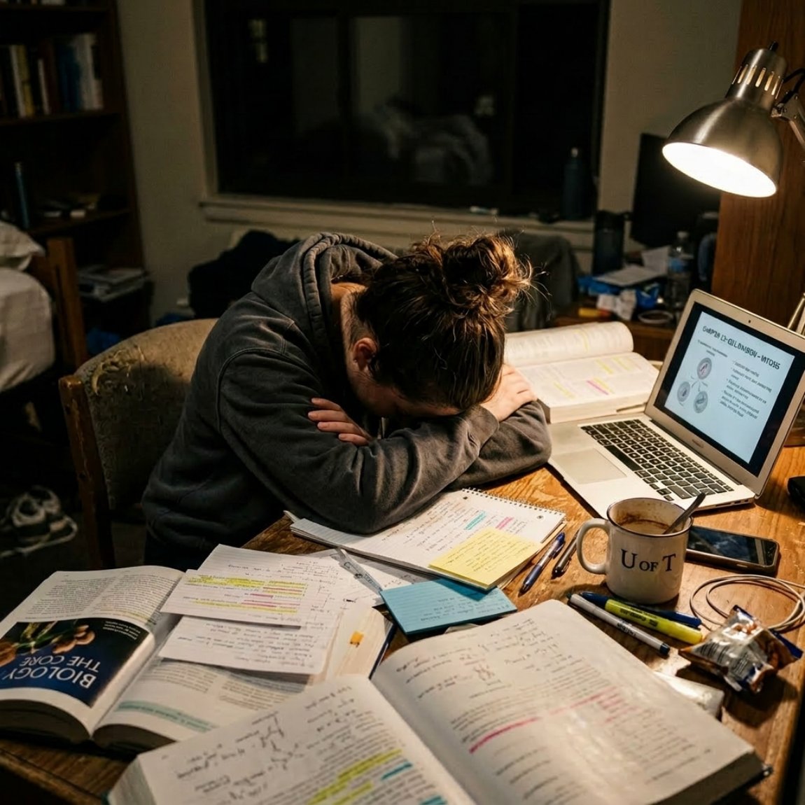 Student studying late at night