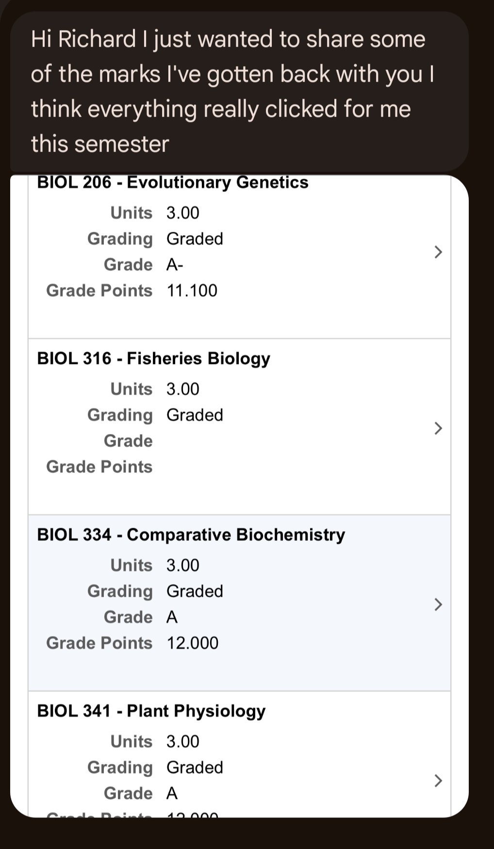 Student transcript showing A grades